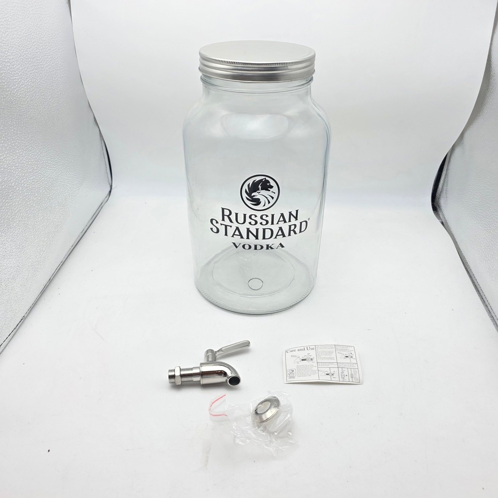 Russian Standard Vodka Glass Drink Dispenser Jar with Spigot & Metal Lid 12.5"